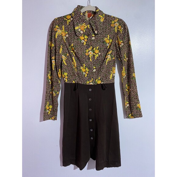 Vintage 70's Dress 7 Brown Dagger Collar Flower Power Poppy Psychedelic Floral - Picture 1 of 14